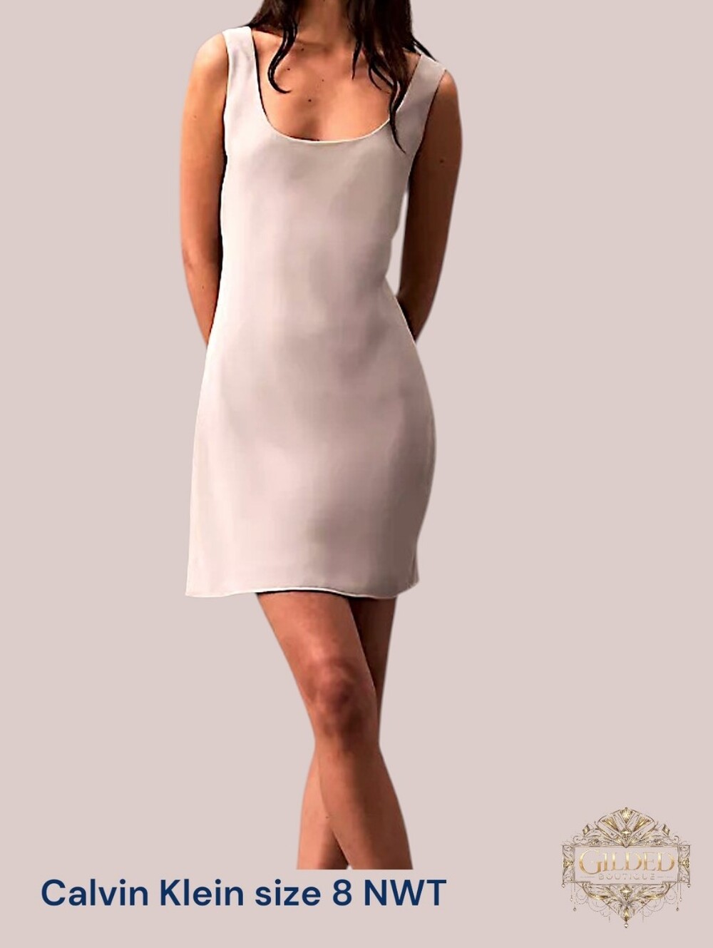 Calvin Klein Taupe/Grey Scoop Neck Slip Dress-8-NWT